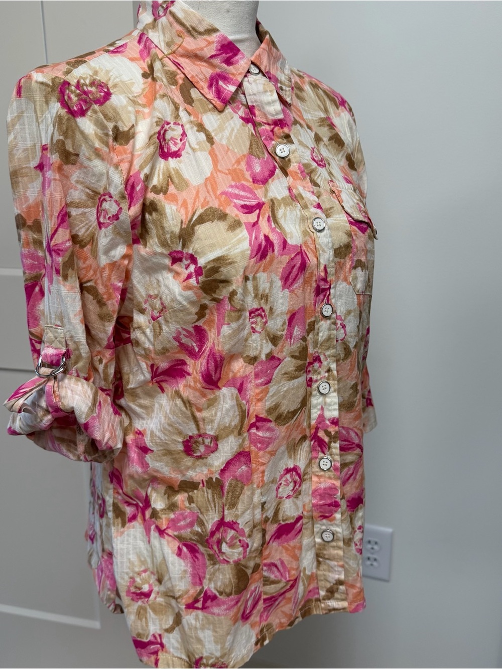 Karen Scott Pink, Cream & Brown Floral Button-Down Shirt